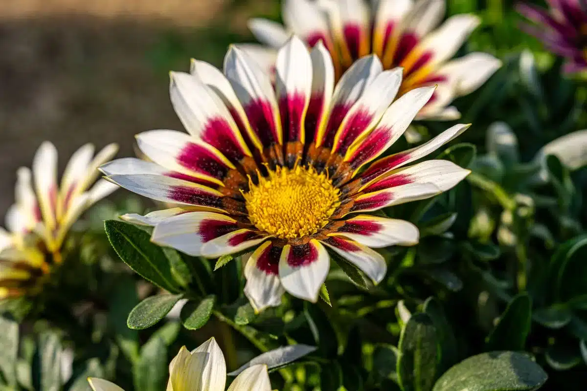 Fleurs colorées de gazania et pourpier résistant à la sécheresse sur un balcon ensoleillé